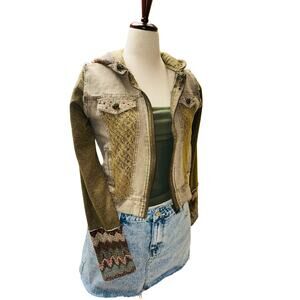 Miss Me Green Denim Mixed Media Jacket Large Sweatshirt Sleeve Patterned